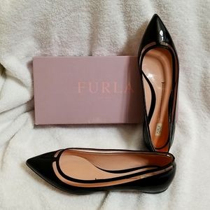 Furla Black Patent Leather Regina Skimmer Pointed Flats
